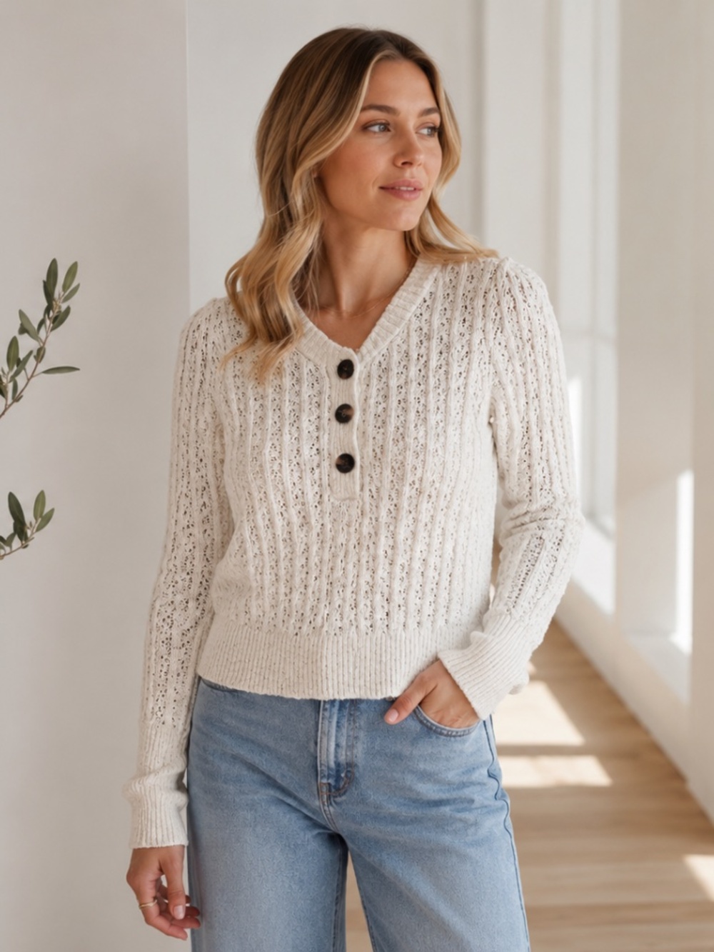 Free People Ivory Crochet Henley Sweater Big Button Knit Boho Size S